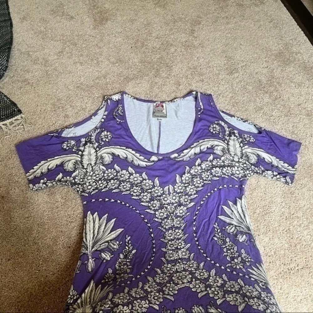 asymmetrical Yoana Baraschi Purple Baroque Print Cold Shoulder Ruched dress
